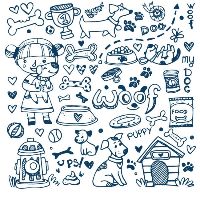 手绘宠物狗与女孩背景矢量素材